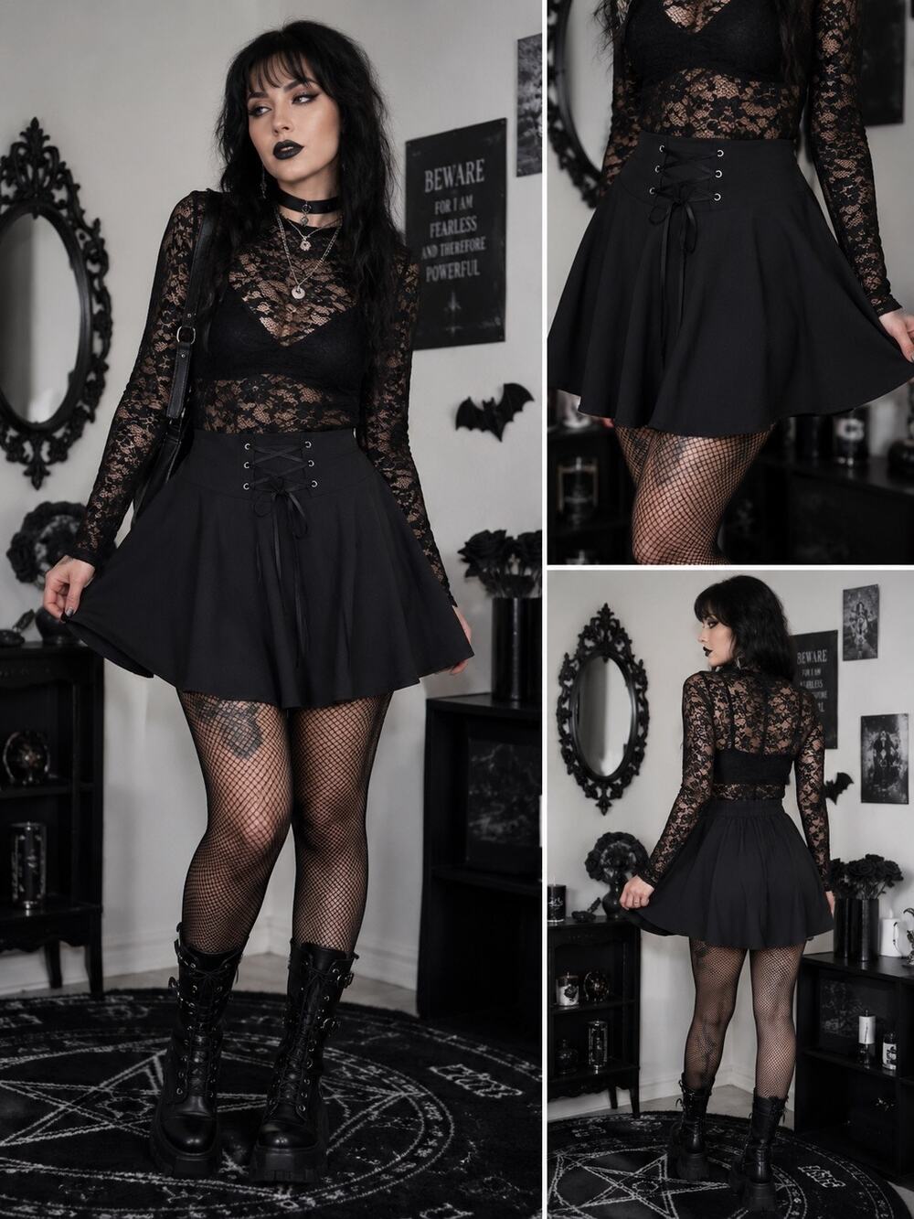 Plus Size Black Lace-Up Skater Skirt 3XL Gothic Alt Cottage Flared Mini Skirt